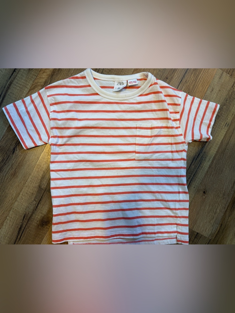 Zara White and Coral Striped Pocket Tee Shirt